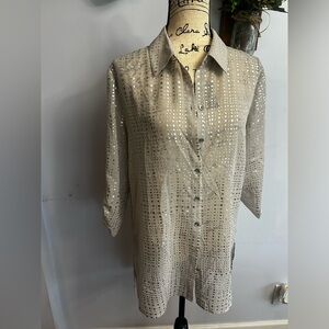 Chicos blouse chiffon lightweight hi-lo hem bohemian metallic detail